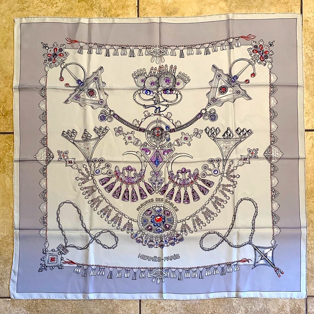 Hermès Parures des Sables 90cm silk scarf designed by Laurence Bourthoumieux